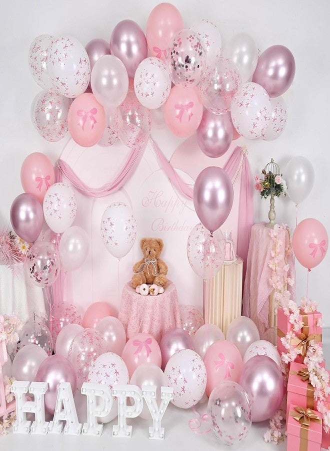 Togvu Pink Bow Balloons, 60 Pcs 12 inch Light Baby Pink Pearl White Balloons, Bow Printed Balloon Metallic Confetti Balloon for Girl Women Princess Birthday Baby Shower Bachelorette Wedding Party Decoration - Image 3